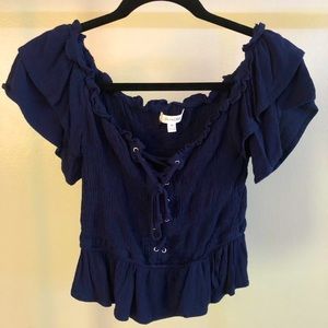 Navy Crop Top with Lace-Up Front
